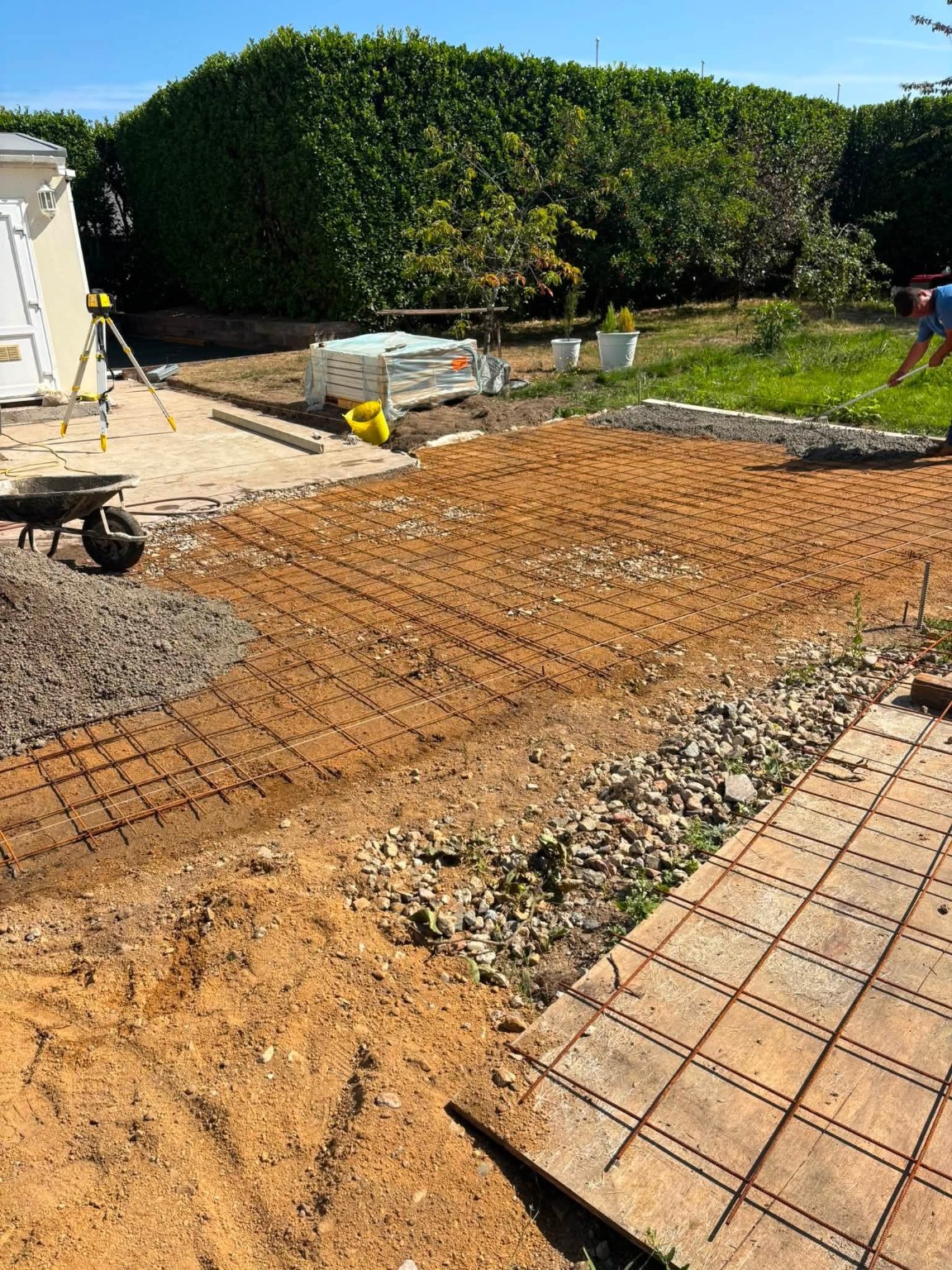 Steel reinforcing mesh prepared for exterior concrete work