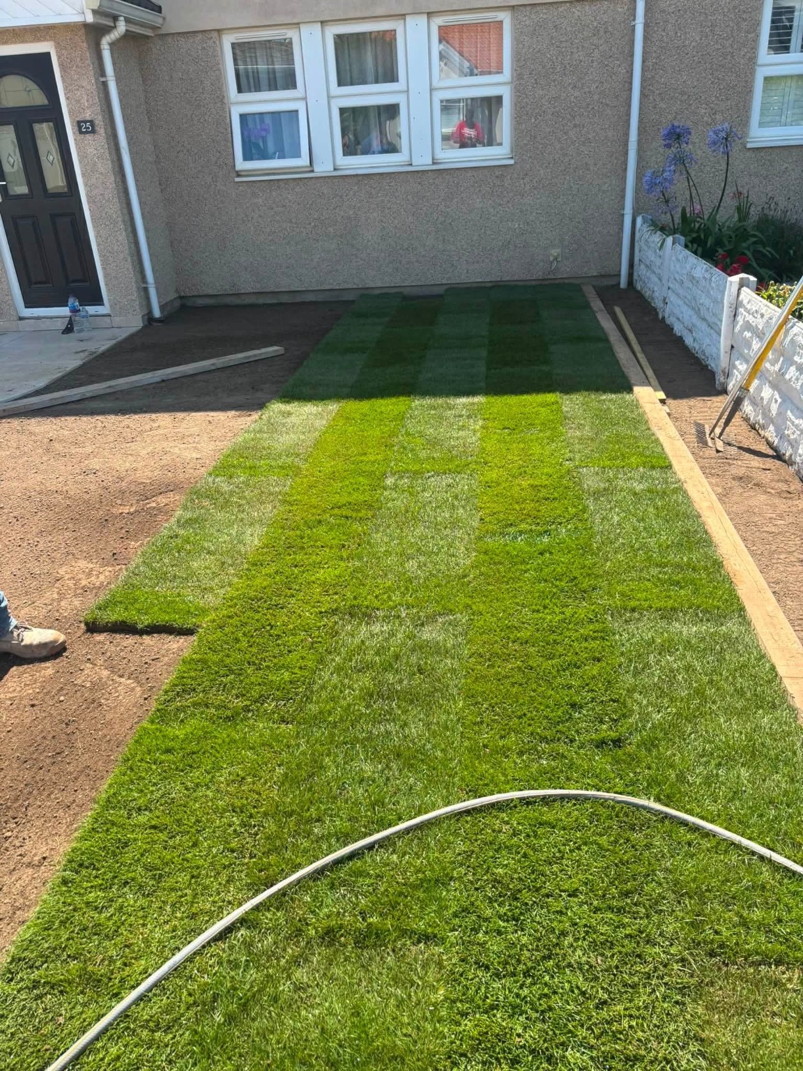 Fresh rolls of turf being installed in a front garden